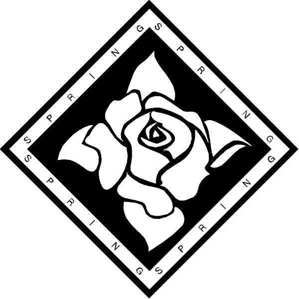 The black and white logo features a rose with petals on either side of it inside an octagon shape, above which is text that reads "Springs" in capital letters atop each other.