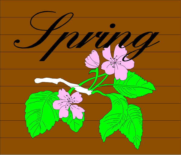 The image shows a sign with text that reads "spring" on it, accompanied by an illustration of flowers at its base.