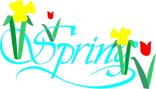 The image shows a digital illustration with text that reads "spring" at top center, featuring stylized yellow daffodils in front of green foliage on either side against a dark background; there is also an Easter bunny figure to right and what appears to be the word 'Easter' below it.