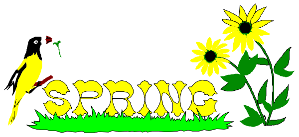 The image shows a colorful banner with text that reads "Spring" at its center, surrounded by various flowers including sunflowers on either side of the word.