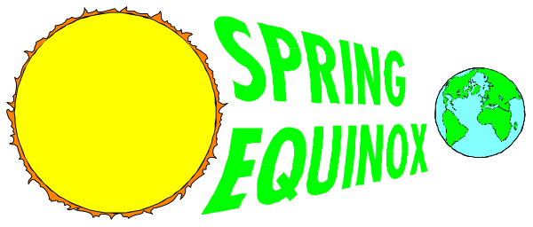 The image shows a banner with text that reads "SPRING EQUINOX" at its center, surrounded by three suns in different positions representing springtime equinoxes across Earth's seasons: one on each side of an imaginary globe and another directly above the central word.