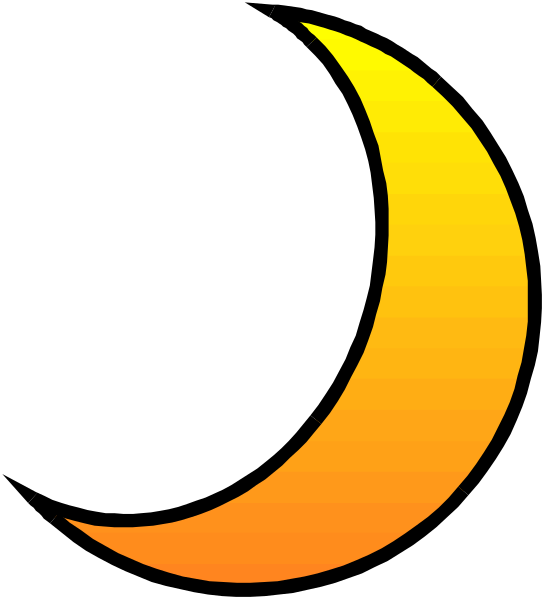 The image shows a stylized graphic of an orange crescent moon with rays emanating from it against a dark background on its left side.
