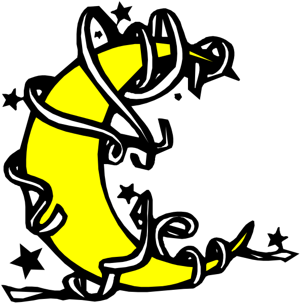The image shows a black background with two distinct elements: on top left corner is an illustration of a yellow crescent moon adorned by white swirls that resemble clouds; below it to its right, there's another drawing depicting what appears to be the lower half of a face or mask in shades of black and gold.