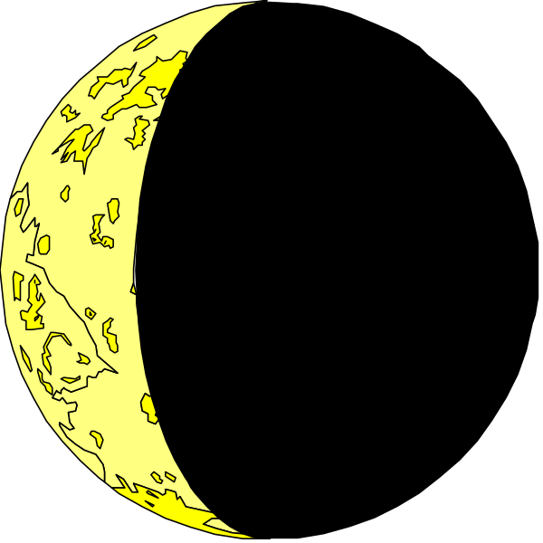 The image shows a black crescent moon with two planets on either side of it against an empty space background.