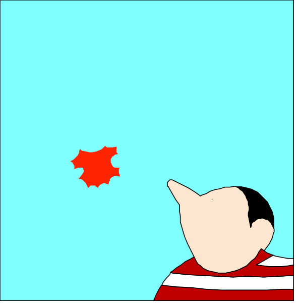 The cartoon shows a character looking out of an open window with their head sticking through it while holding onto something red that is flying past them in mid-air against a blue sky background.