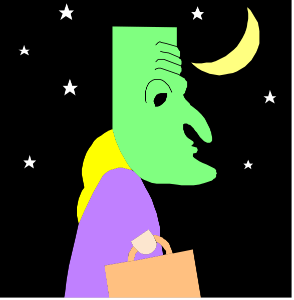 The image shows a cartoon of an anthropomorphic mask with human features holding what appears to be a shopping bag while standing on one leg under a night sky filled with stars.