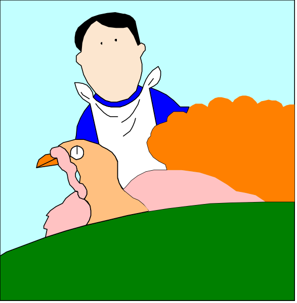 The comic strip shows a man standing next to two turkeys on his farm; he is holding an orange pumpkin with both hands while looking at it.