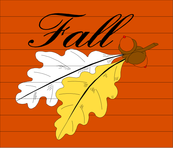 The image shows a fall leaf with an autumnal scene behind it on what appears to be a chalkboard background; there is text that reads "FALL" at top left corner of the board in stylized lettering, and below this word is another smaller piece of artwork depicting two leaves.