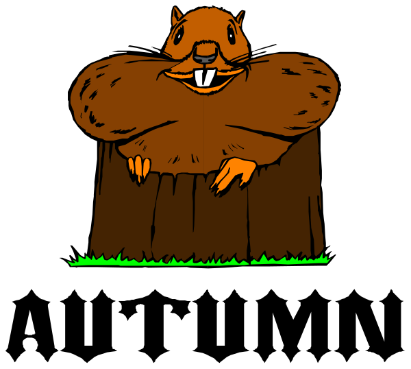 The image shows a cartoon beaver sitting on top of an anthropomorphized tree stump with arms crossed over its chest in front of what appears to be a forest background.