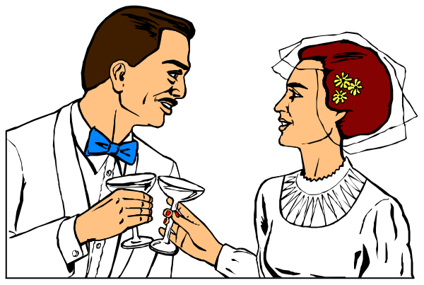 The image shows a black and white illustration of two animated characters: an older man with glasses wearing a suit holding up his glass in celebration to toast another person who is also raising their drink; both have smiles on their faces, suggesting joyful interaction between them at what appears to be a formal event.