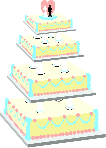 The image shows a three-tiered wedding cake with two figures on top of it standing next to each other; there is no text present in this clip-art illustration.