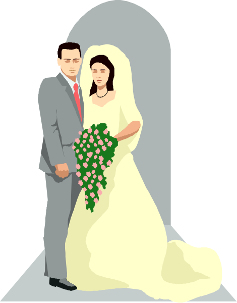 The illustration shows a man holding flowers standing next to a woman wearing a wedding dress; both individuals appear happy as if posing for their wedding photo in front of an archway with no visible background details other than what is described above.