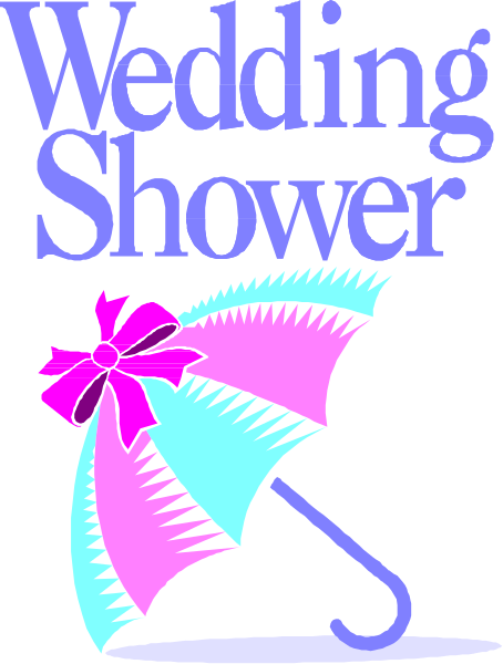 The image shows a graphic with text that reads "WEDDING SHOWER" at the top of an umbrella in pink font on a purple background; below this is another line of smaller white print reading "A GUIDE FOR THE BRIDE AND HER FRIENDS."