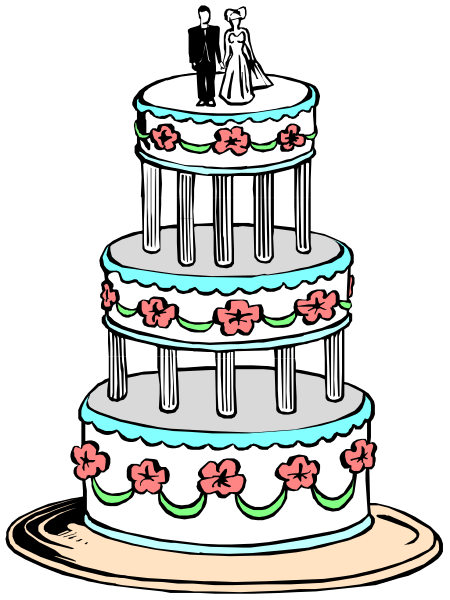 The illustration shows a three tiered wedding cake with white frosting on top of it placed next to two figures that appear to be bride and groom standing in front of each other under an archway decorated like flowers, all set against a black background.