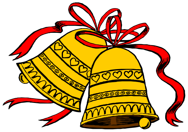 The image shows a bell with bells hanging from it against a black background; there is also an illustration of two red ribbons tied together in front of the bells.