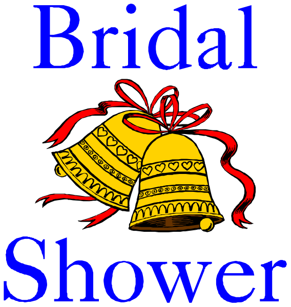 The image features a graphic with text that reads "BRIDAL SHOWER" at top left corner on blue background; below it is an illustration of two golden bells tied together by red ribbon, each adorned with hearts and topped with tassels in shades of gold. To the right side there's a shower head icon labeled "SHOWER." The overall style suggests this image may be used for invitations or promotional materials related to bridal showers.