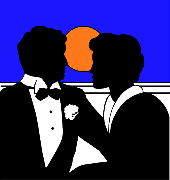 The image shows a black and white illustration of two silhouetted figures standing close together with their heads turned towards each other as if in conversation; one figure is wearing formal attire including what appears to be a tuxedo, while the other wears an evening gown that reaches down past her knees. They are set against a background featuring horizontal stripes and at least two suns or moons on either side of them. The image has been divided into three sections by vertical lines with text in between: "Before," "During," and "After."