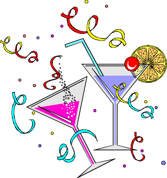 The image shows a colorful cocktail party scene with two martini glasses filled to varying levels of liquid, each garnished with an olive on top; between them is a slice of lemon floating in what appears to be champagne flutes and confetti falling around it against a dark background that suggests nighttime.