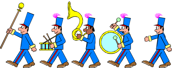 The image shows a cartoon of three musicians marching with their instruments: two playing trumpets and another holding tubas; all wearing blue uniforms adorned with red stripes on pants and hats, walking in unison down what appears to be an outdoor street or pathway during the day.