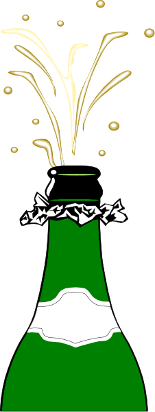 The image shows a green bottle of champagne with fireworks exploding behind it against a black background.