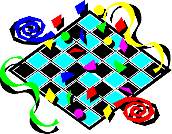 The image shows a colorful checkerboard pattern with various shapes scattered across it against a dark background.