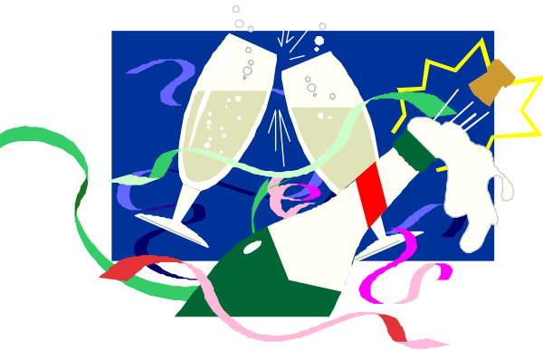 The image shows a colorful celebration scene with confetti, champagne bottles popping open, party hats, streamers in various shapes like stars and hearts, and two wine glasses filled to toast an occasion.