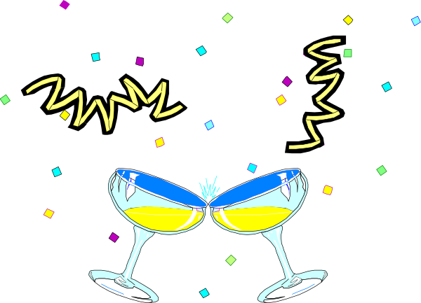 The image shows a cartoon of two champagne flutes with confetti around them against a black background.