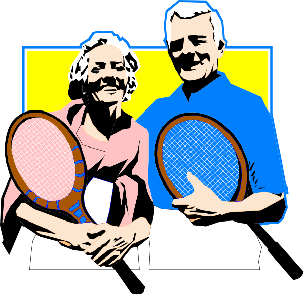 The image shows two individuals holding tennis rackets with a background that includes what appears to be an older couple posing for a photo together in front of yellow text on blue paper.