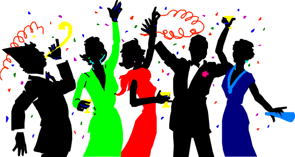 The image shows a colorful celebration with confetti falling around three cartoon figures who appear to be dancing; there is no text present in this clip-art illustration.