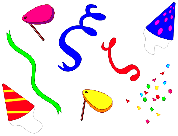 The image shows a collection of party decorations including confetti shapes like stars and hearts with streamers trailing behind them; there is also an assortment of colorful balloons in various designs such as fish, snakes, and other abstract patterns; two birthday candles on top left corner; one small cake candle shaped like the number 10. The background appears to be black or very dark grey with a few party hats scattered around at bottom right. There are no people or animals visible in this image. It is not possible for me to determine any actions taking place as there'