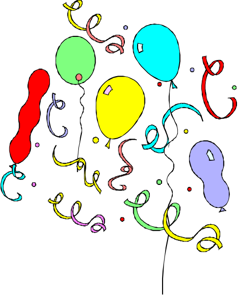 The image shows a collection of colorful balloons with different designs tied together by strings against a black background.