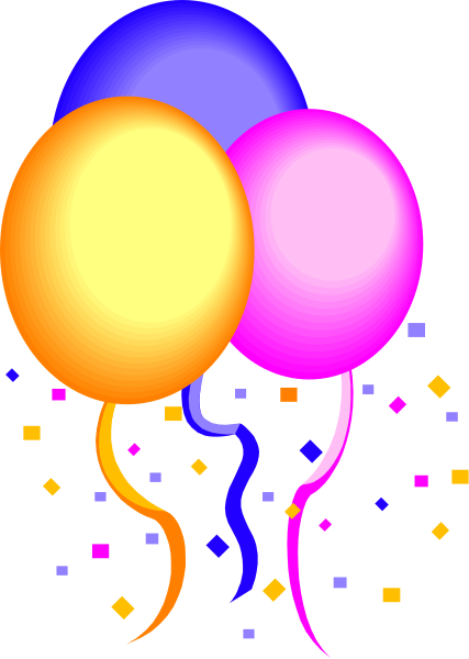 The image shows a colorful balloon bouquet with three helium filled party balloons tied together by ribbons against a dark background; there is also confetti in various shapes scattered around them.