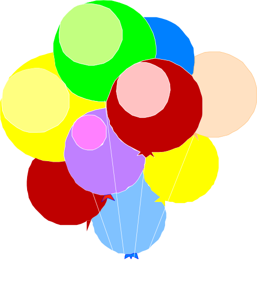 The image shows a bunch of colorful balloons tied together with strings hanging from them against a dark background.