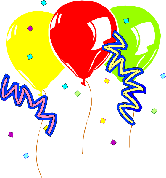 The image shows a collection of colorful balloons with confetti around them against a black background; there is no text present in this clip-art illustration.