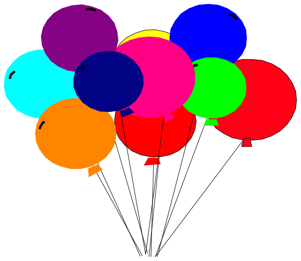 The image shows a bunch of colorful balloons tied together with strings on top against a dark background.