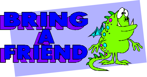 The image shows a cartoon of an alien with purple eyes riding on top of another creature that resembles a green dinosaur-like animal. In front of them is text in various fonts: "BRING A FRIEND" at the bottom, and above it are two phrases; one says "LIKE," which appears to be part of an advertisement or promotion for something called 'Bring a Friend,' with the other phrase being obscured by another image. The background is plain white without any additional context provided in this clip-art style illustration.