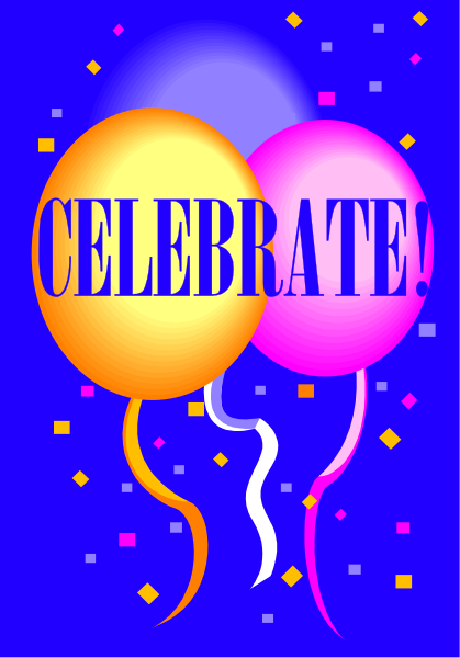 The image shows a graphic with two balloons tied together against a blue background that says "Celebrate!"