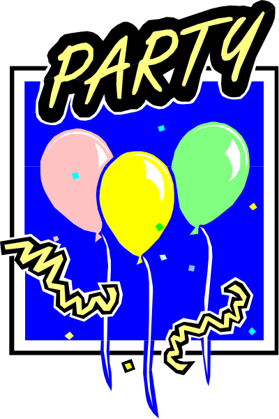 The image shows a graphic with three balloons tied together at top center against a blue background; below them is text that reads "PARTY" in bold yellow letters followed by two lines of confetti-like shapes and then another line reading, "Happy Birthday!"