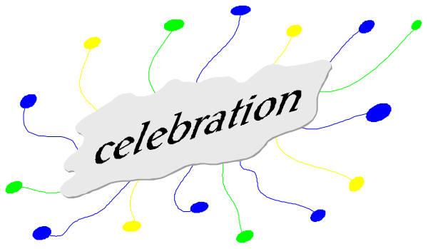 The image shows a black background with white text that reads "celebration" at the center of it surrounded by colorful dots in various shapes like stars and hearts.