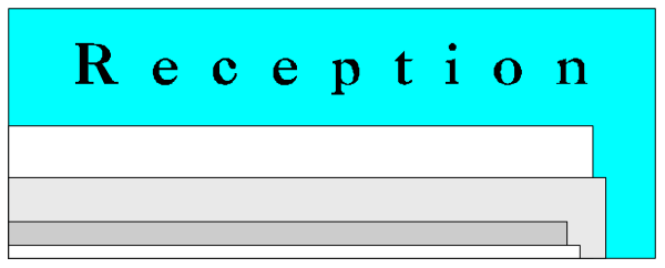 The image shows a pixelated representation of an office reception area with text that reads "RECEPTION" on two signs above what appears to be a desk.