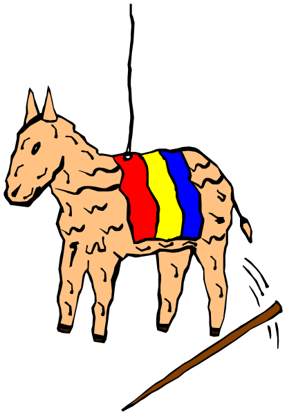 The image shows a cartoon donkey with an advertisement sign on its back standing next to what appears to be a flagpole in front of a dark background.