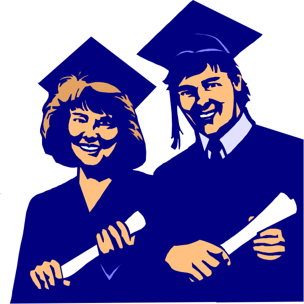 The image shows a man wearing graduation regalia holding an open book next to a woman who is also dressed for commencement ceremonies; both individuals appear happy with smiles on their faces against a blue background that suggests academic achievement, as indicated by the mortarboard and gowns they are wearing.