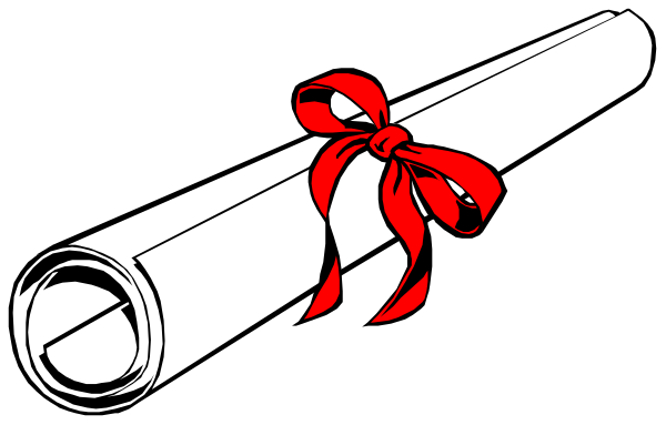 The black and white illustration shows a graduation scroll with red ribbon tied to it on top of another roller paper in front of them both.