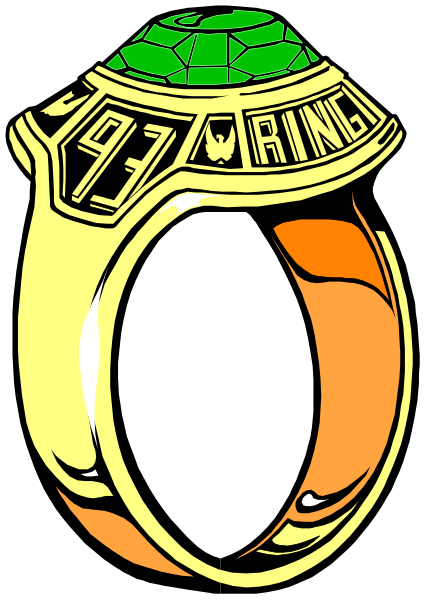 The image shows a stylized illustration of an oversized ring with text on it that reads "1963" in gold lettering around its circumference; inside this band is another smaller ring featuring what appears to be a green gemstone, possibly emerald or jade, set within the larger one. The rings are depicted against a black background and have an orange hue with white highlights on their surfaces that give them depth.