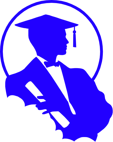 The image features a stylized graphic of an academic cap with a graduation gown draped over it on top left corner against blue background; in center is silhouette of person wearing glasses holding diploma, and bottom right has text "graduation" written vertically along the edge.