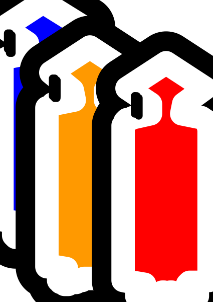 The image shows a collection of four fire extinguishers with different colored nozzles: red, blue, yellow, and orange from left to right against a black background.