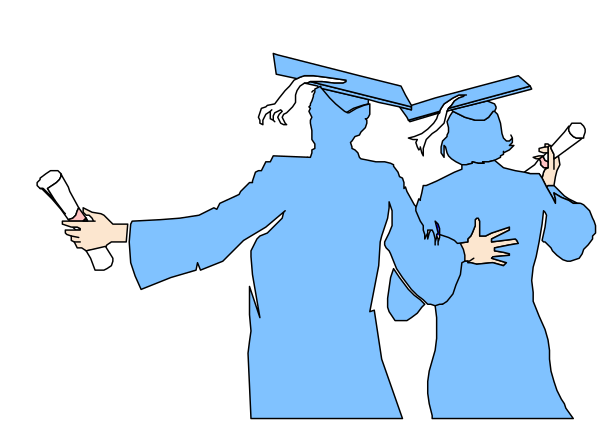 The illustration shows two graduates holding diplomas walking together with a backdrop of clouds; there is no text present in this image.