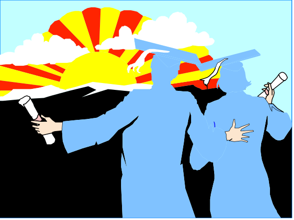 The image shows a black and white illustration of two graduates celebrating with their diplomas at sunset; there is no text present in this clip-art piece.