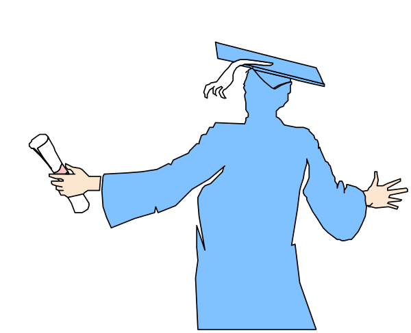 The image shows a cartoon of an animated character dressed as graduation attire holding what appears to be a diploma in one hand while gesturing with another arm outstretched towards something unseen off-screen, suggesting achievement and celebration.