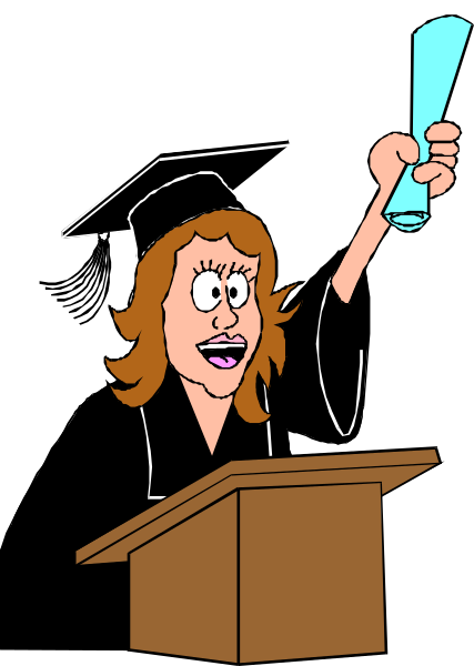 The cartoon shows a woman standing at a podium with her arm raised high holding up an award plaque while wearing graduation attire; she is smiling broadly as if celebrating achievement.